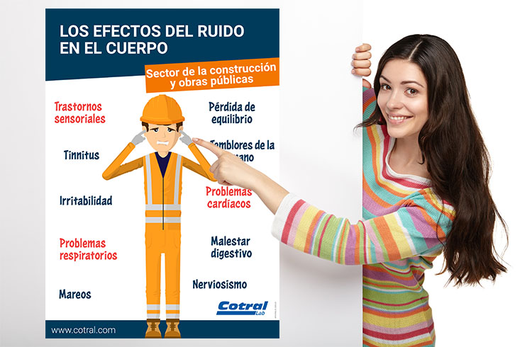 Una técnica de prevención muestra un cartel de sensibilización sobre los efectos del ruido Una técnica de prevención muestra un cartel de sensibilización sobre los efectos del ruido